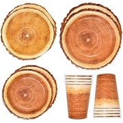 96 Pcs Wood Grain Slice Party Supplies Set Paper Plate Cup Napkin for Camping Woodland Baby Shower Lumberjack Birthday Disposable Dinnerware Serve 24