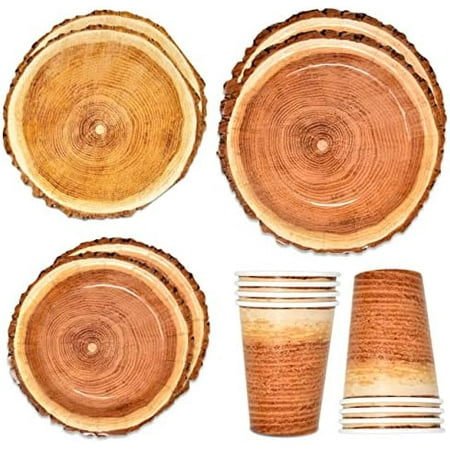 96 Pcs Wood Grain Slice Party Supplies Set Paper Plate Cup Napkin for Camping Woodland Baby Shower Lumberjack Birthday Disposable Dinnerware Serve 24