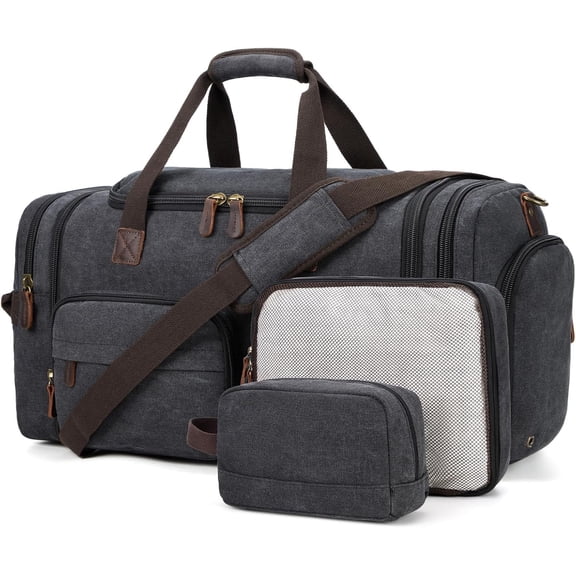 Mens Duffle Bag for Travel 60L Expandable Canvas Weekender Overnight Travel Duffel Bag with Shoe Compartment Carry-On for Airplanes Dark Gray