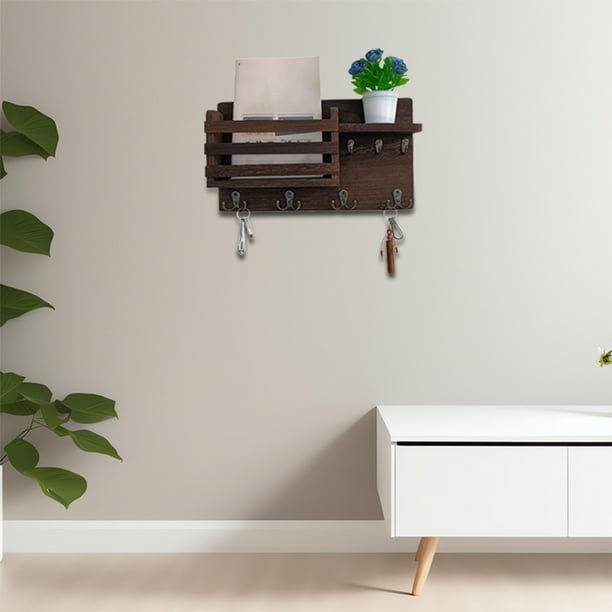 Llavero de pared con ganchos | Organizador de llaves de madera y hierro marrón para la entrada | Estante para llaves que ahorra espacio para el hogar, la oficina o el dormitorio
