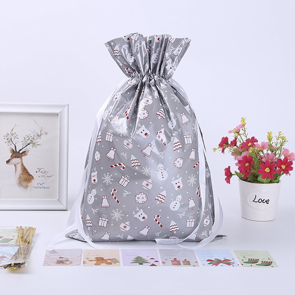 30pcs Christmas Gift Bags Santa Printed Packaging Xmas Treat Foil Drawstring Bag 