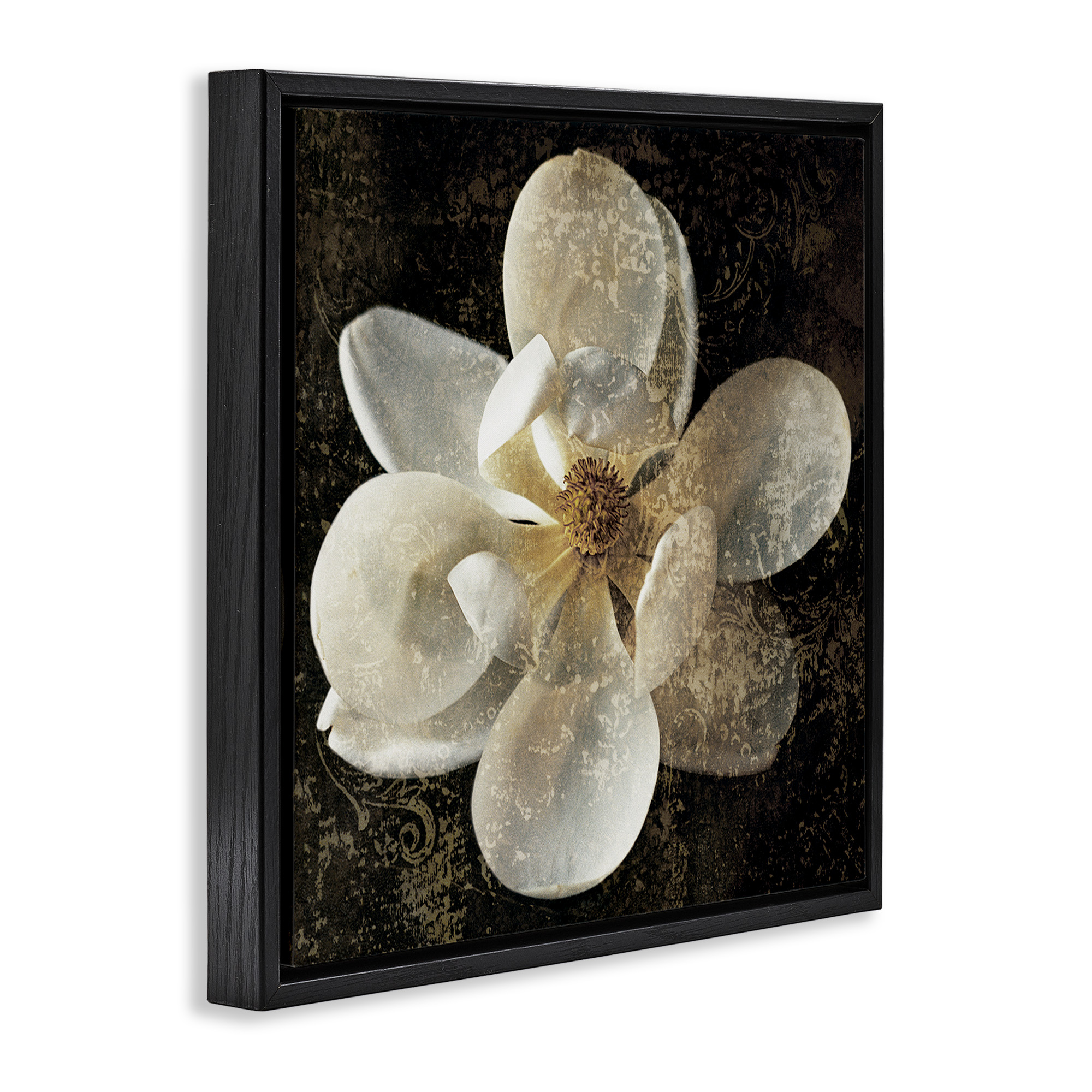 Stupell Industries Rustic Patterned Magnolia Botanical & Floral Painting Black Floater Framed Canvas Art Print Wall Art, 25 x 25