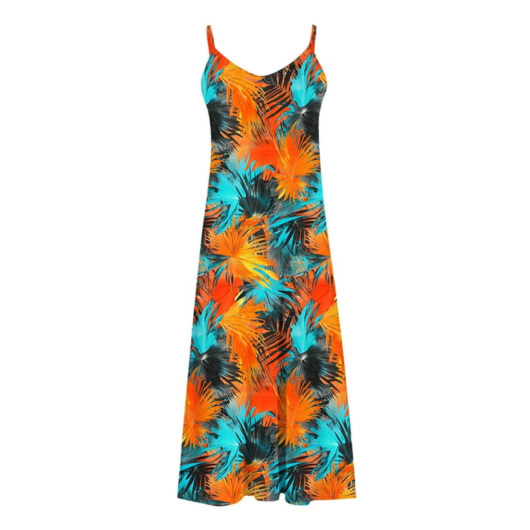 Htigea Summer Maxi Dress for Women Tropical Print Sleeveless Spaghetti  Strap V-Neck Sundress Casual Loose fit Beach Long Dresses 01#Multicolor,XXXL