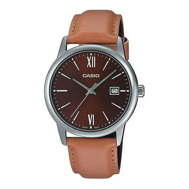 Reloj Casio Hombre Mtp-v002l-5b3, Fechador, Numeros Romanos Color Del Fondo Cafe Color De La Correa Café Claro Color Del Bisel Plateado