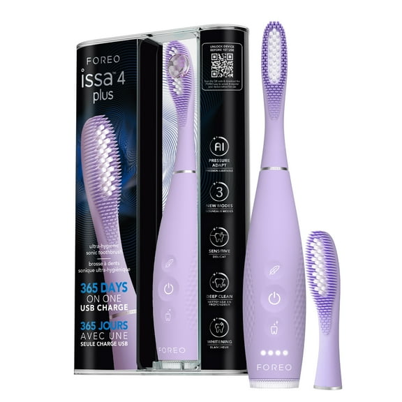 FOREO issa 4 plus Sonic Electric Toothbrush - 4-in-1 AI-Guided Rechargeable Toothbrush Bundle with Extra Silicone & Polymer Hybrid Brush Head, Soft Bristles, Whitening Teeth - Lavander