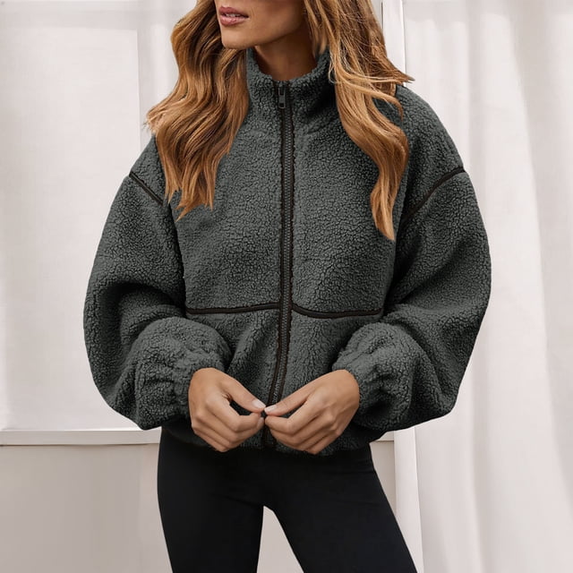 HongQid Womens Coat Casual Lapel Full Zip Fleece Jacket Long Sleeve Oversized Warm Winter Outwear with Pockets