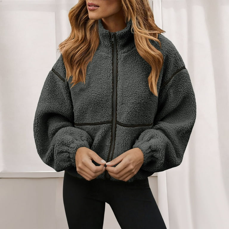 Womens Full Zip Sherpa Coat Colorblock Stand Collar Fleece Crop