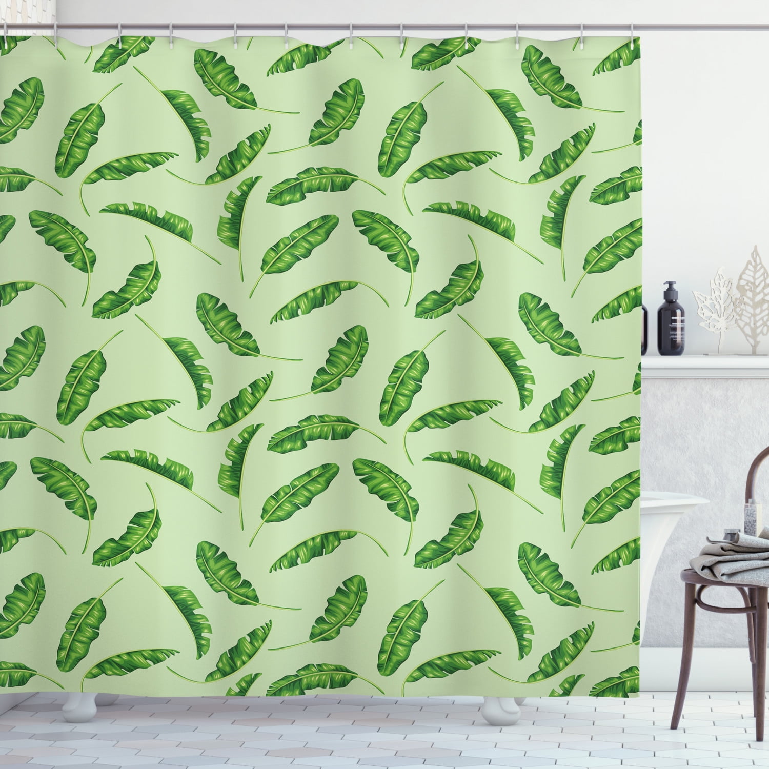 Jungle Shower Curtain, Palm Leaves Oceanic Climate Theme Florets