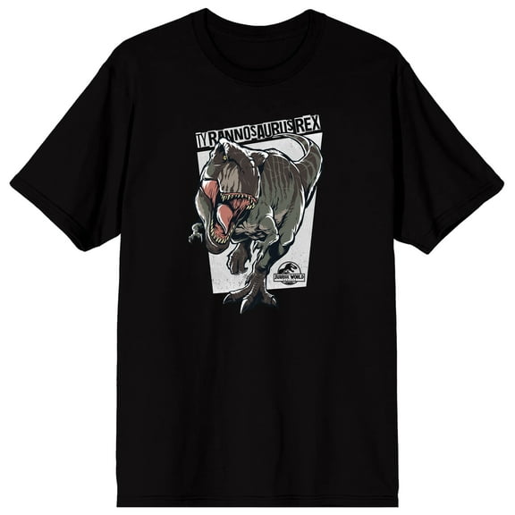 Jurassic: Rebirth T-rex Vector Graphic White Distressed Frame Logo Tyrannosaurus Rex Text on Black Short Sleeve Adult T-Shirt-Large