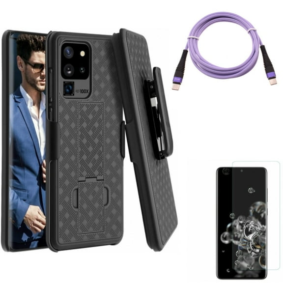 Screen Protector w Purple 6ft PD Cable w Case Belt Clip for Samsung Galaxy S20 Ultra - Tempered Glass [Fingerprint Unlock] 3D Curved Edge, Type-C to USB-C Long Charger Cord fits Galaxy S20 Ultra
