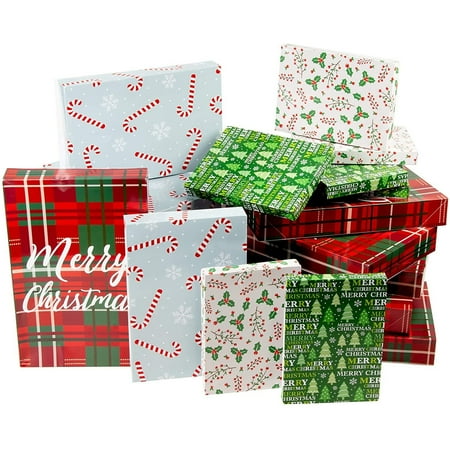 24 Pack Christmas Gift Boxes with Lids for Presents, Holiday Gift Boxes in 4 Designs and 3 Sizes, Ideal for Wrapping Multiple Gifts or Christmas Tree Decoration