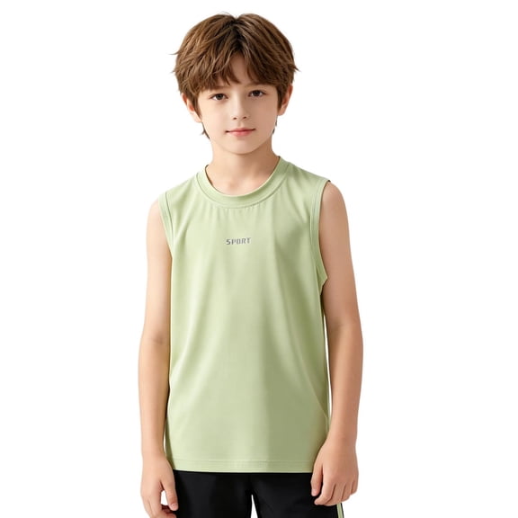 OSOLU Children Boys Tank Tops Sportswear Breathable Summer Solid Color Sleeveless Crew Neck Lightweight Athletic Vest Activewear Fashion Seaside Tops
