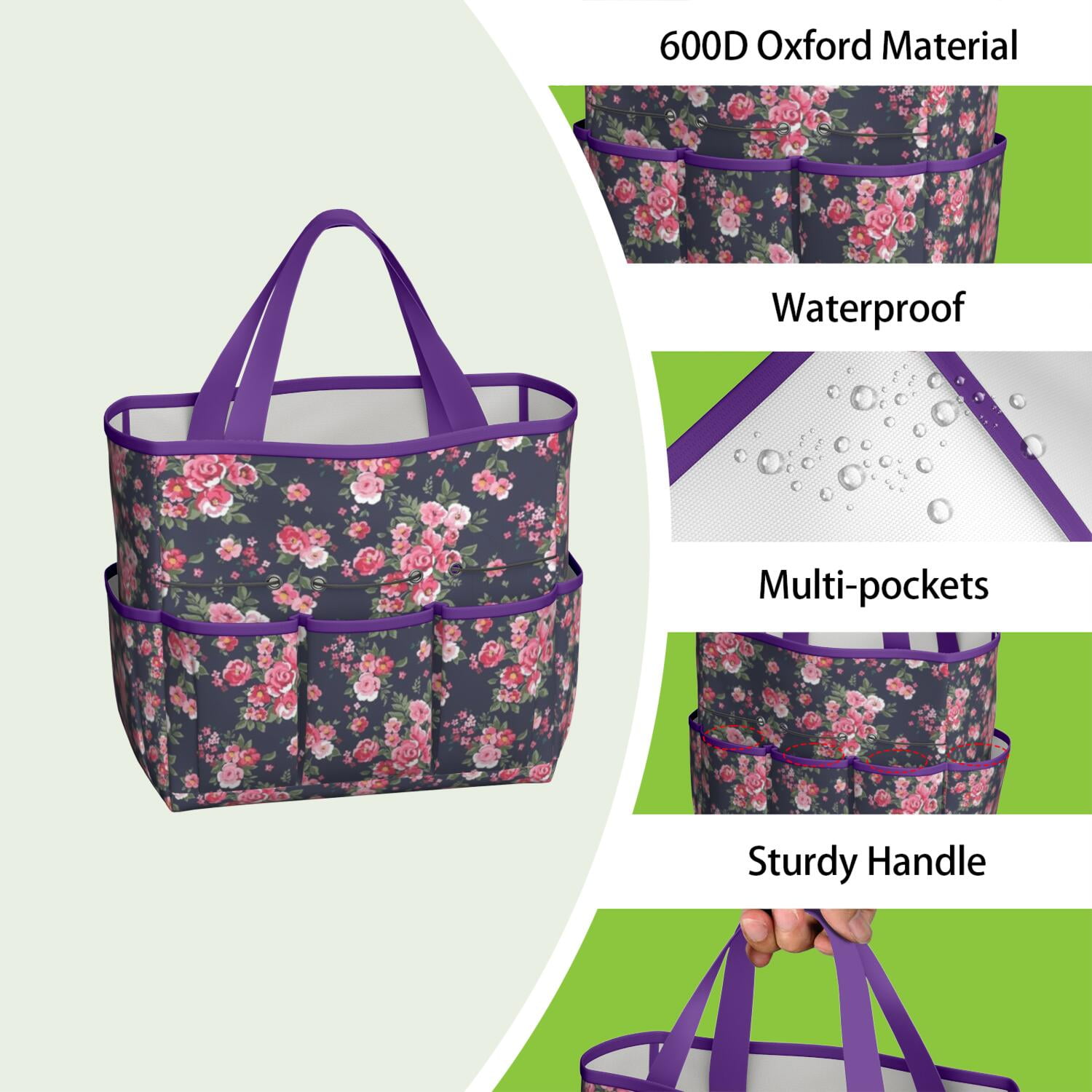 Garden Tool Bag,Pioneer Flower Floral Print Pattern Garden Tool Organizer,Garden Gifts,Waterproof Multi-Pocket Garden Tool Storage 11.8x5.5x11.4 Inch(Tools NOT Included)