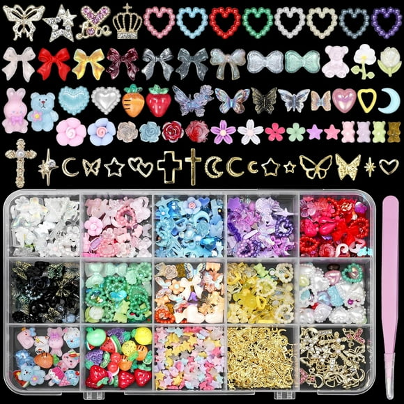 3D Nail Charms for Acrylic Nails, Golden Star Cross Moon Nail Charms, Crowns Star Butterfly Cross Nail Art Gems Charms, Fruit Animal Bows Heart Flowers Nail Charms, Rivet Nail Charms for Nails Art DIY