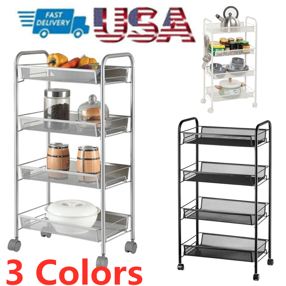 Exquisite Honeycomb Net Four Tiers Storage Cart with Hook Black 