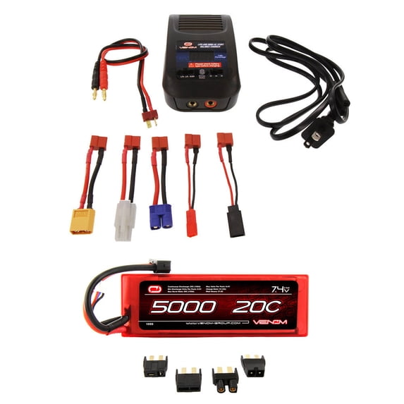 Venom 20C 2S 5000mAh 7.4V Hard Case LiPo Battery with Universal Plug System and Venom LiPo and NiMH AC Sport Balance Charger Combo