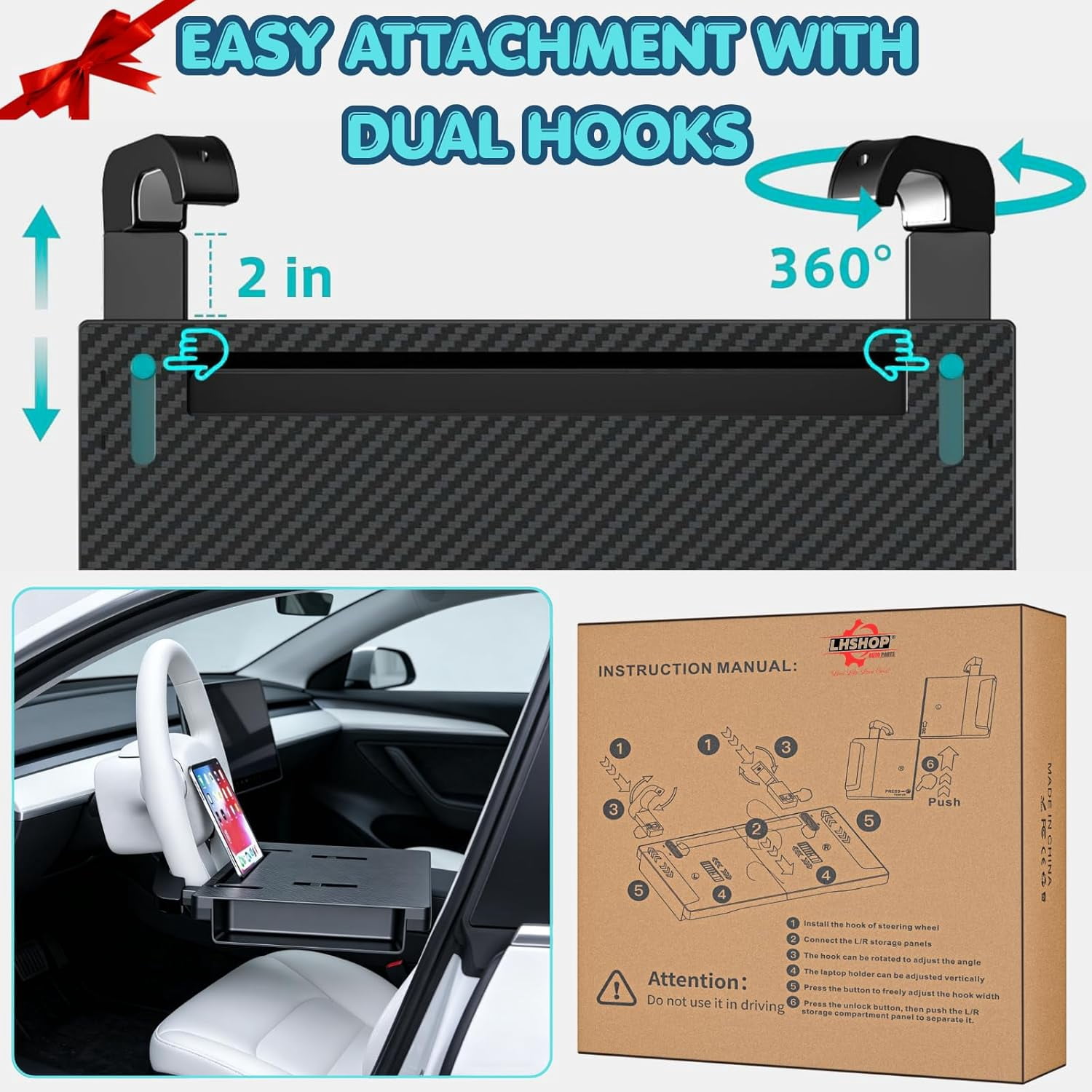 AUEOTUAR Carbon Fiber 3-in-1 Steering Wheel Tray Table & Car Seat Gap Filler Organizer | Foldable Adjustable Desk for Laptop, Eating & Work | Universal Car Office Accessories for Drivers, Women & Men