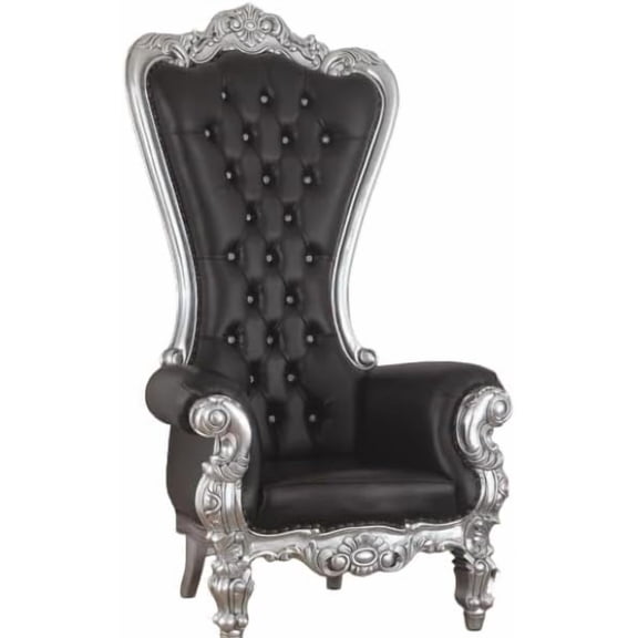 Regal Elegance: High Back Throne Chair in Black with Silver Leaf & Button Accents