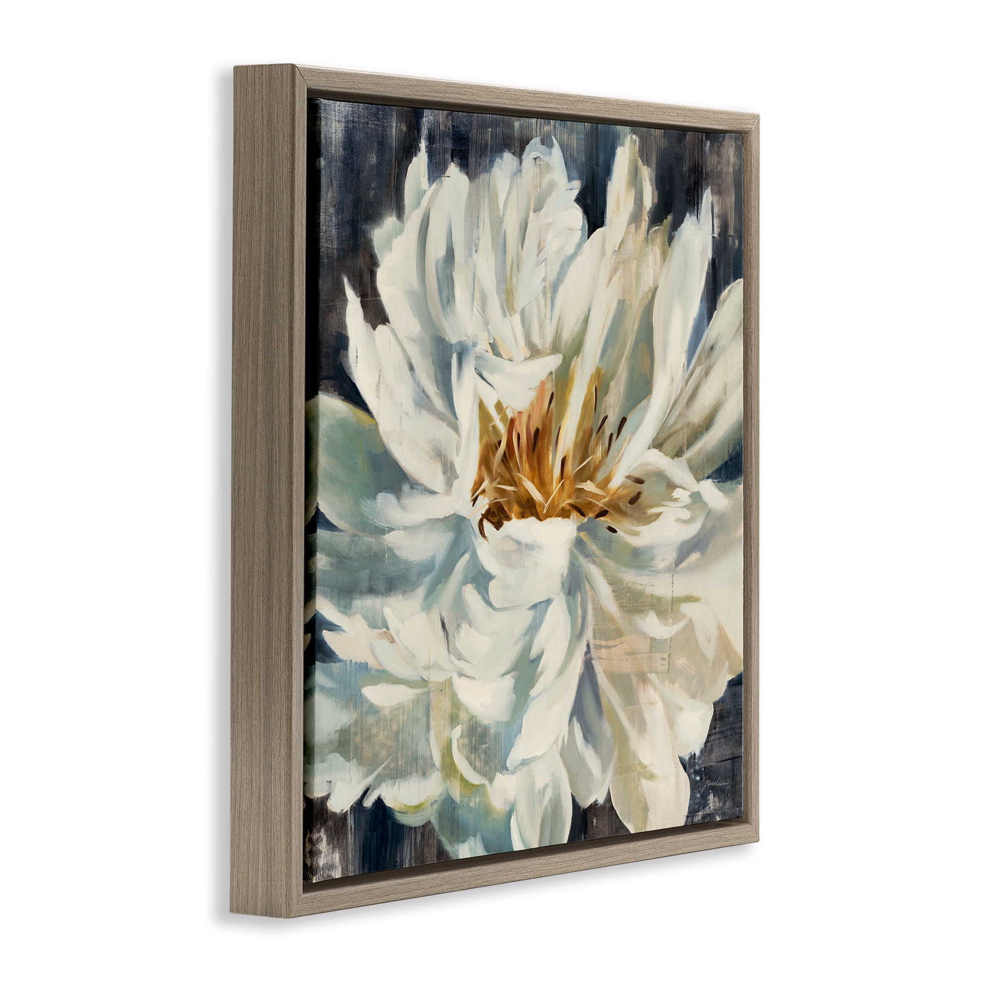 Stupell Industries Organic Blooming White Petals Botanical & Floral Painting Brown Floater Framed Canvas Art Print Wall Art, 25 x 25