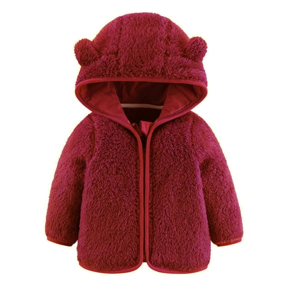 SGMVNU Toddler Kids Fleece Hooded Jacket Coat with Ears, Zipper Lightweight Long Sleeve Thick Warm Outerwear, Cute Coats for Infant Boys Girls Fuzzy Jacket, Wine Red, 0-6 Months