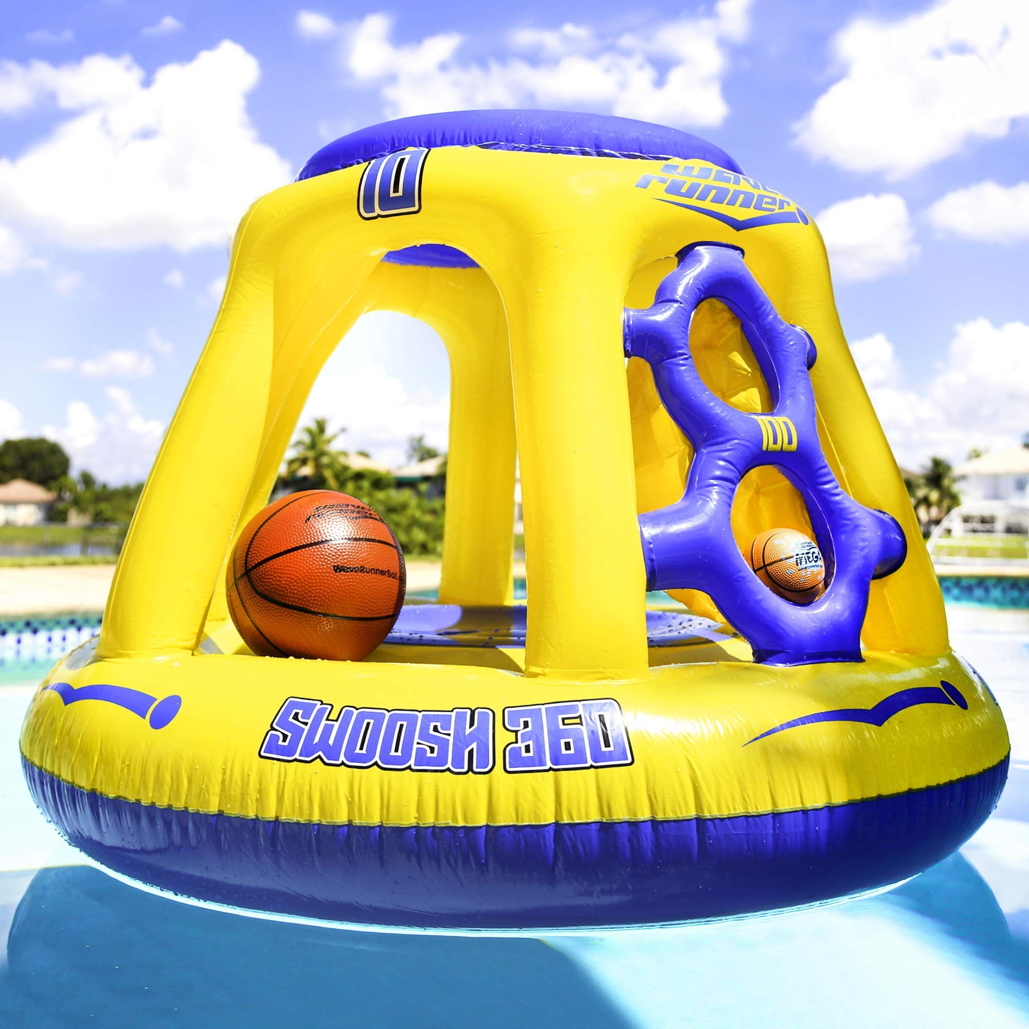 Swoosh 360 Swimming Pool Basketball Hoop Set With Mega Ball Game- Yellow/Blue 