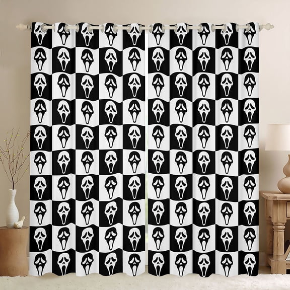 Homewish Ghost Face Checkered Kitchen Curtains, Halloween Spooky Grid Black Out Curtains Pack of 2 (42x63 Each), Black White