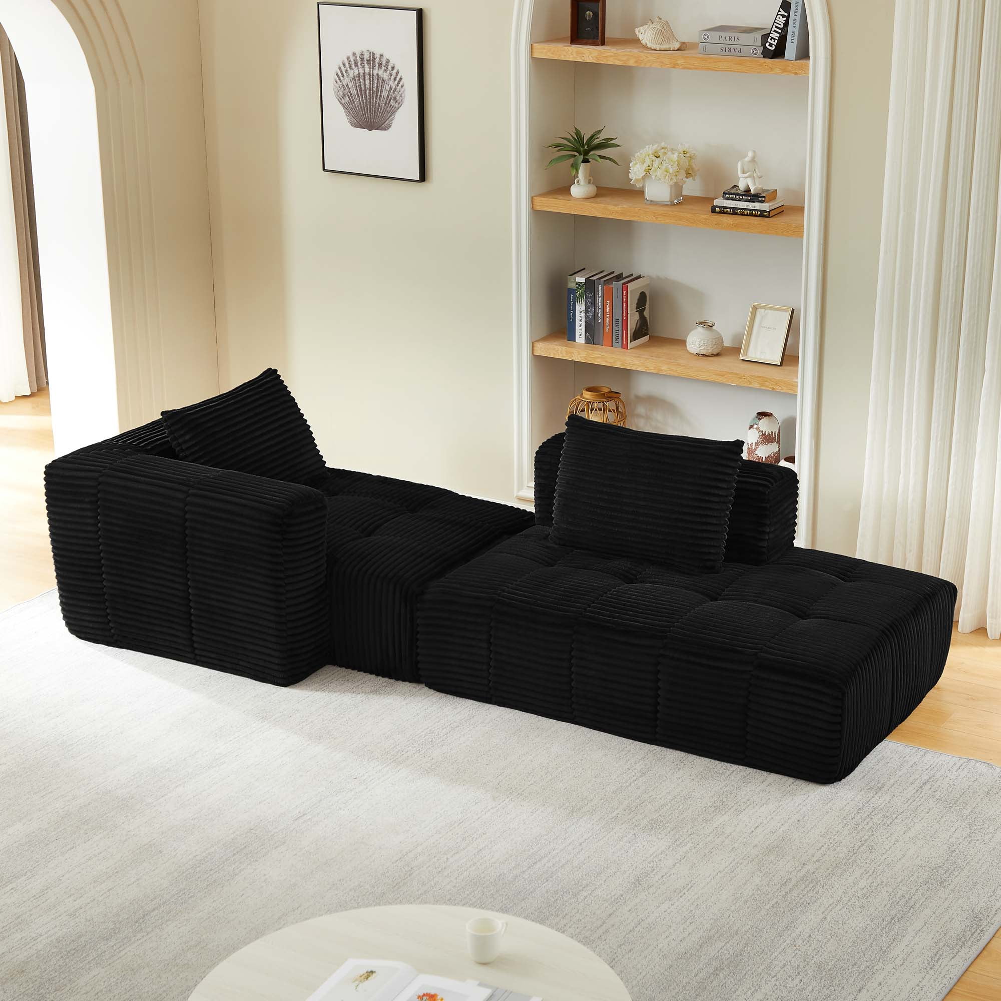 Miniyam 108 in 3 Seats L-Shape Modular Compressed Couch, Sectional Sofa with Chaise Lounge, Upholstered Oversized Tufted Couches for Living Room, Black