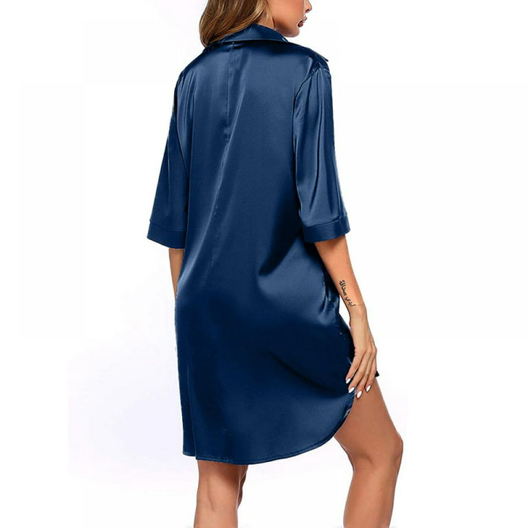WBQ Women's Nightgown Button Down Sleepshirt Satin Short Sleeve Nightshirt  Boyfriend Sleepwear Blue 2XL
