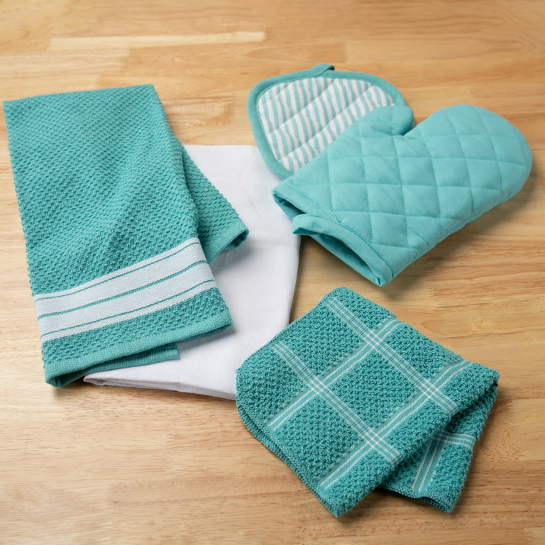 TopNotch Outlet Kitchen Decor Potholders-Oven Mitts-Towel Linen Set (8 Pc)  Bright and Soft Seafoam Green and Black Color Combo-Kitchen Towel Potholder