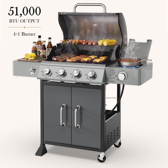 Seizeen Gas Grill with Side Burner, 51,000 BTU Outdoor BBQ Grill w/Porcelain-Enameled Cast Iron Grates, 4-Burner Portable Propane Grill on Wheelsfor Patio Backyard
