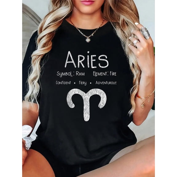 Cotton Vintage Aries Zodiac Sign - Astrology Horoscope Birthday T-Shirt Women's Graphic Tee Casual Tops