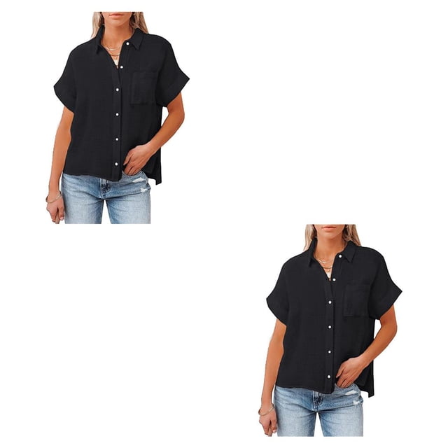 Blusa de manga corta Sonducket para mujer con botones cuello en V algodón S M L XL XXL