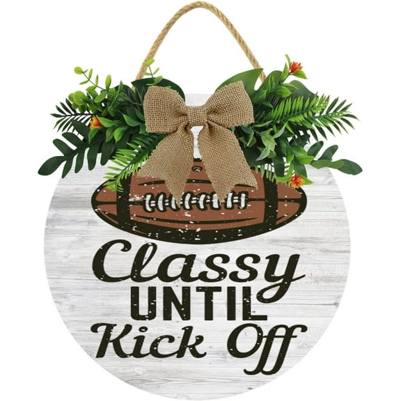 Eveokoki 12" Football Sign Classy Until Kick Off Football Round Hanging Sign Football Wooden Door Sign Door Hanger,Wood Hanging Decoration