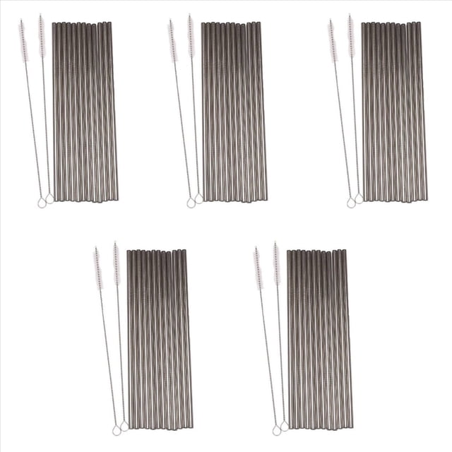 juego de 60, pajitas de acero inoxidable, pajitas para beber de metal reutilizable, pajitas rectas + 10 cepillos de limpieza Pack de 60 pajitas rectas plateadas de acero inoxidable 18/8 de 8.5 pulgadas (21.5 cm) y 10 cepillos de limpieza de alambre con cerdas blancas; acabado metálico liso, diámetro exterior aprox. 0.24 pulg. Adecuadas para vasos de 20 oz y uso en casa o fiestas; también suelen usarse para batidos y bebidas frías.