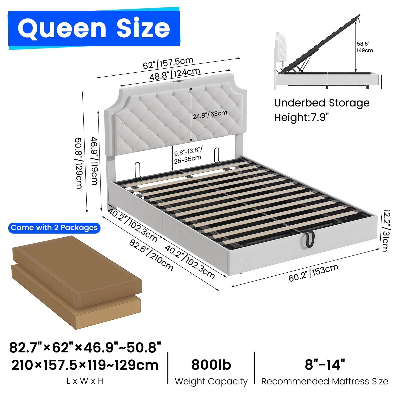 Queen Size Floating Bed Frame with Adjustable Headboard, Lifting Up Upholstered Bed Frame Queen, Fast Charging Station, Underbed Lights Strip, Solid Wood Slat, No Box Spring Needed, Noise-Free, White