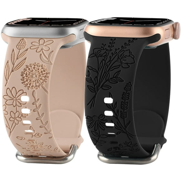 Fleur Gravé Bande de Silicone compatible avec les Bracelets de Montre de Pomme 38mm 40mm 41mm, Mignon Femmes Fleurs Sauvages Floral Design Bracelet Sport Doux Bracelets de Remplacement pour iWatch Série 8 7SE654321 (38