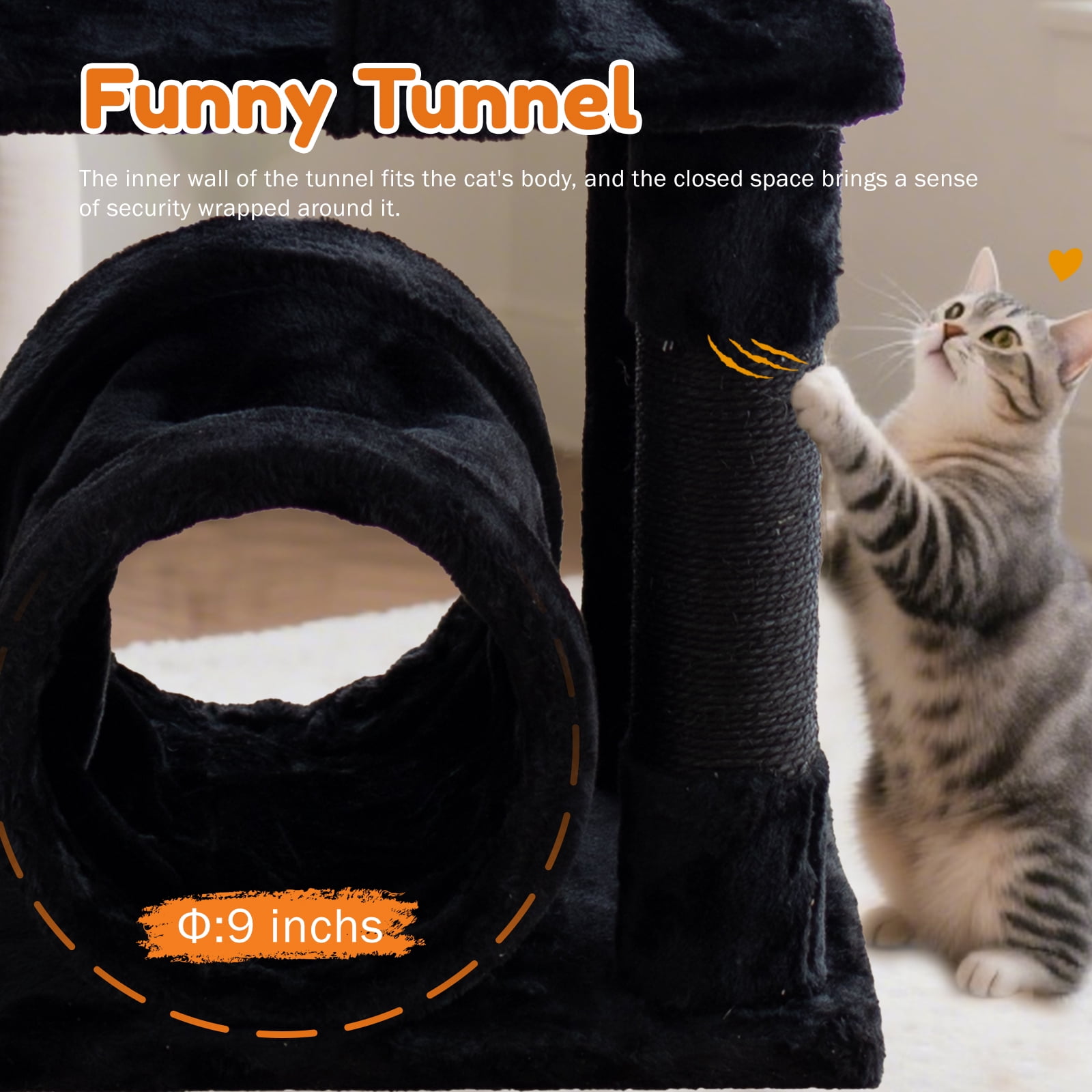 Senbonry 49in Gothic Cat Tree Tower for Indoor Cats with Scratching Posts, 9 Inchs Tunnel, Condo, Basket, Pompoms,Black