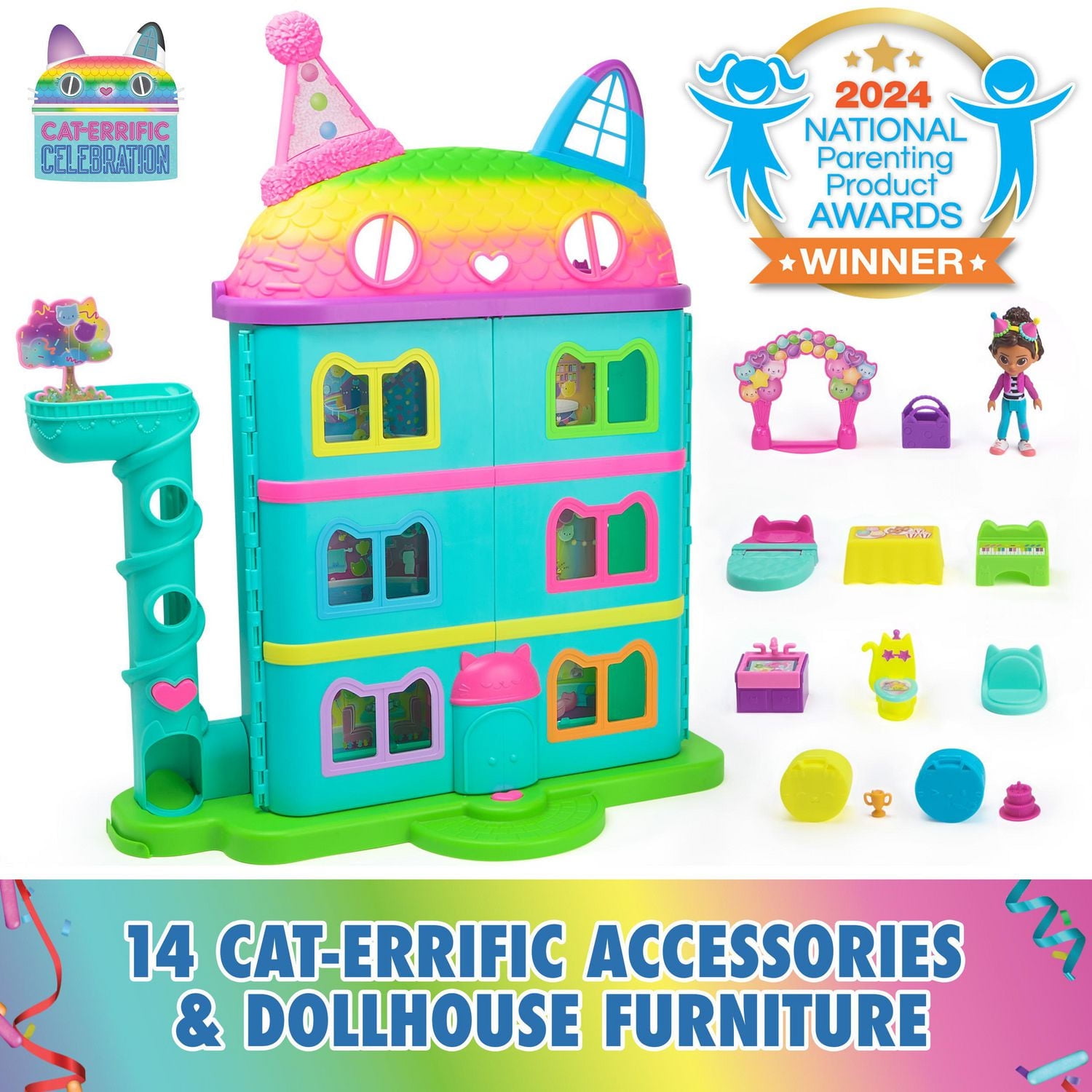 Gabby’s Dollhouse, 15-Piece Rainbow-Themed, Celebration Dollhouse, Toy Figures, Doll House Furniture & 10 Sounds, Kids Toys for Girls & Boys Ages 3+