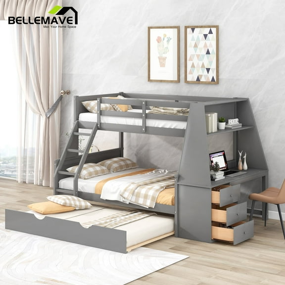 Bellemave Gray Twin over Full Bunk Bed with Trundle, Drawers, Shelf and Desk for Bedroom, Versatile Wood Storage Bunk Bed Twin over Full with Desk and Trundle 