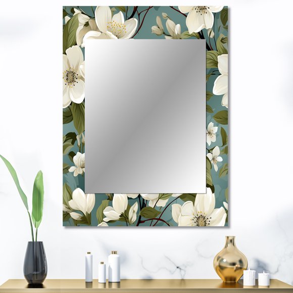 Designart "Lovely Grey And White Orchid Blossoms III" Floral Wall Mirror, Printed White Wall Mirror, Traditional Bathroom Wall Mirror, Decorative Floral Mirror - 30x40 Inch