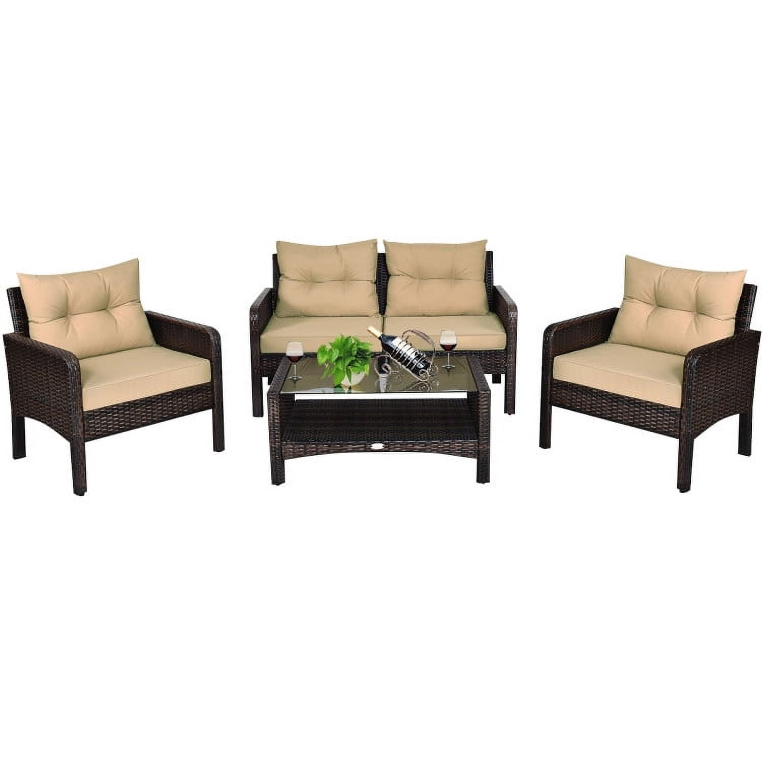 Aimee Lii 4 Pieces Outdoor Rattan Wicker Loveseat Furniture Set with Cushions, Small Patio Set, Khaki Aimee Lii 4 Pieces Outdoor Rattan Wicker Loveseat Furniture Set with Cushions, Small Patio Set, Khaki