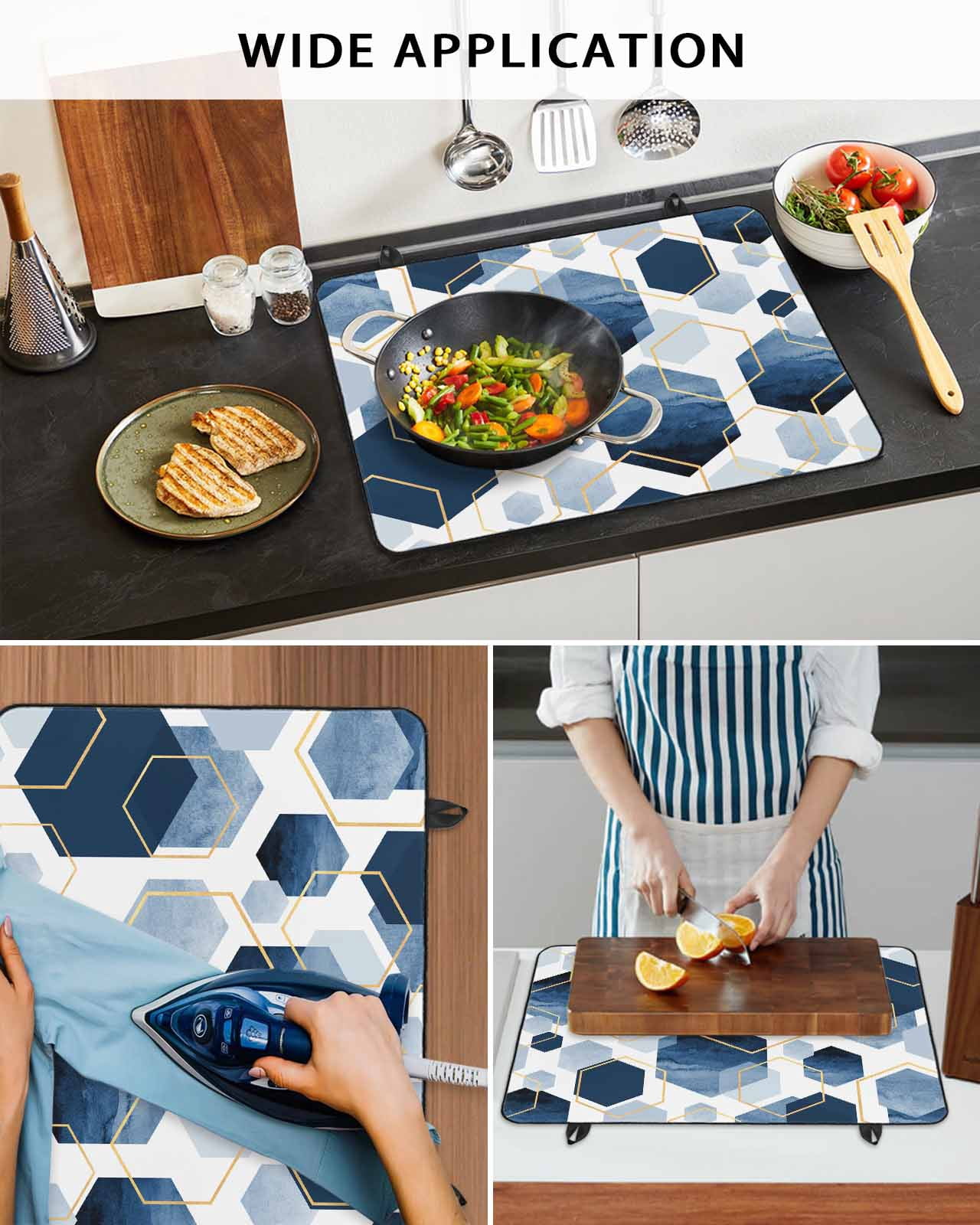 nqOlkjepod Large Induction Cooktop Protector Mat 36"x21", Navy Blue Geometric Stove Top Covers for Electric Stove, Gold White Hexagon Modern Decorative Stove Burner Cover Mats, Glass Top Stove Cover