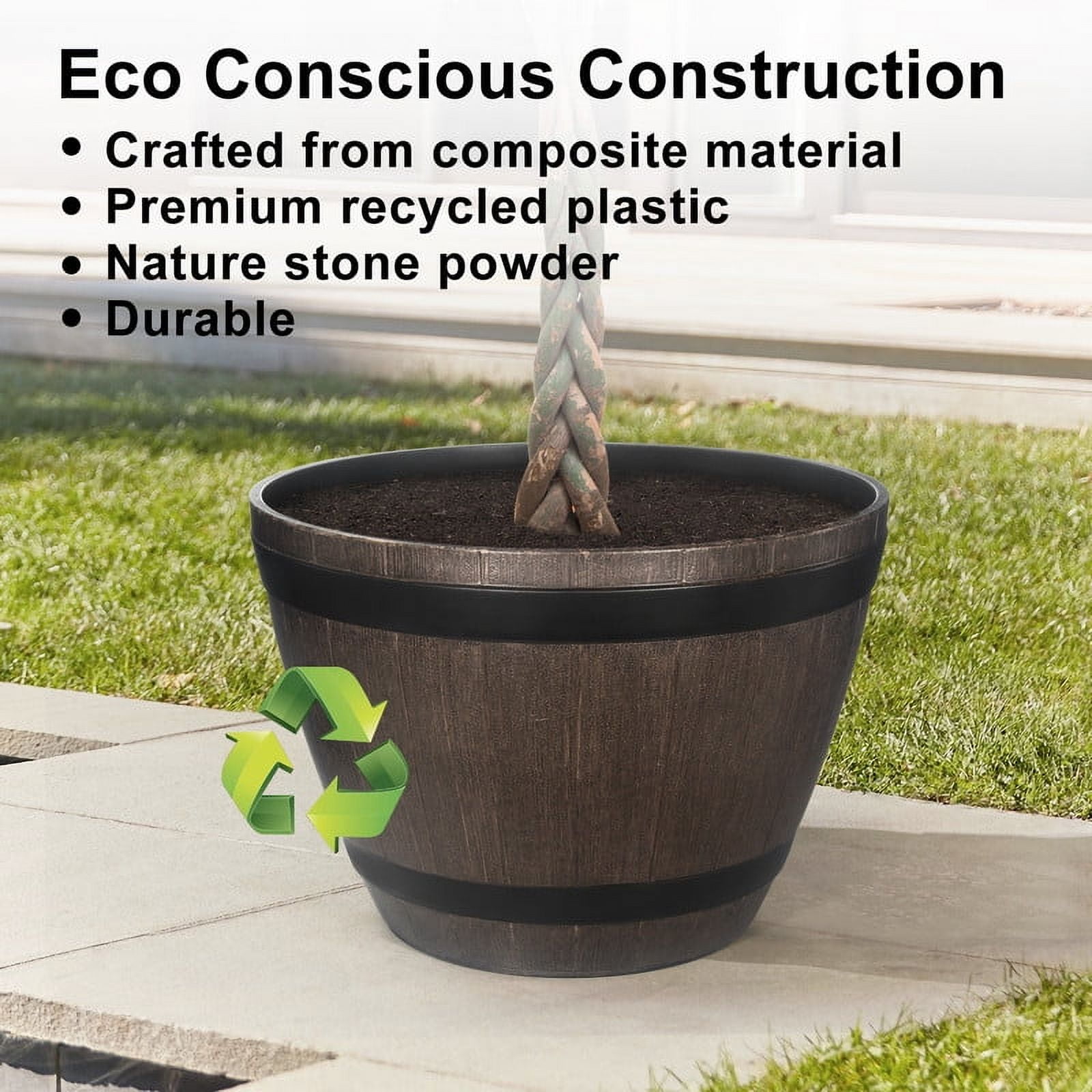 2Pcs 21" PVC Whiskey Planters - Extra-Large Drainage Hole Design, Rustic Outdoor/Indoor Garden Barrel Pots for Trees/Shrubs (Brown)