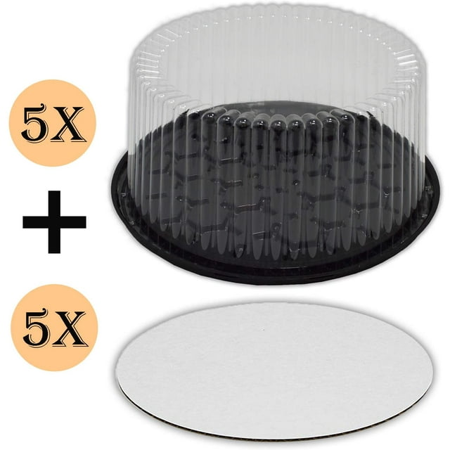 Plastic Cake Container with Clear Dome Lid 9 Inch and Cake Boards 9 inch, Cake Holder with Lid is for 2-3 layer cakes, Cake Board is Round, Cake Supplies, 5 Pack of each.