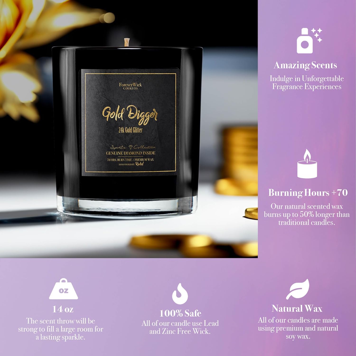 ForeverWick Diamond Candle 14oz Gold Digger Soy Wax Candle With Diamond Inside - Gold Candle, Funny Candle, Humor, Gift, Diamond