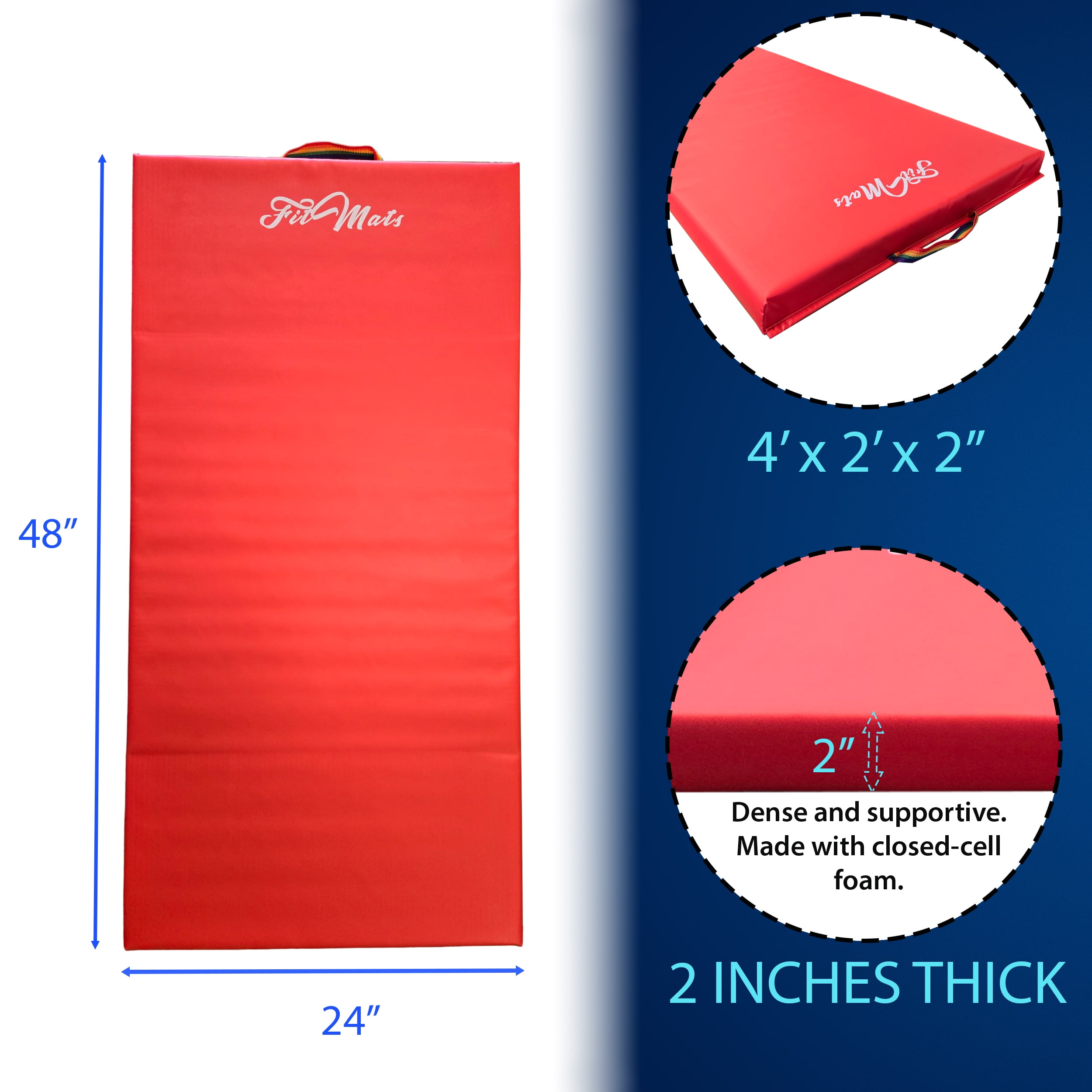 FitMats Single Red Mat with G/Y/R Handles Exercise Mat - 4ft x 2ft - Thick Comfortable Foam, Easy to Store & Carry - Ideal for Yoga, Pilates, Stretching, & Home Fitness Workouts