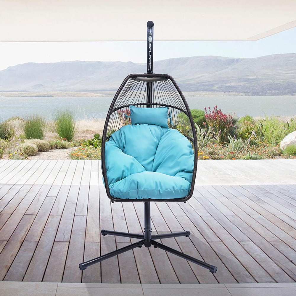 Kepooman Hanging Chair, Outdoor Wicker Folding Hanging Chair with Headrest and Cushion, Equipped with X-shaped Base and C-shaped Bracket, Blue Kepooman Hanging Chair, Outdoor Wicker Folding Hanging Chair with Headrest and Cushion, Equipped with X-shaped Base and C-shaped Bracket, Blue