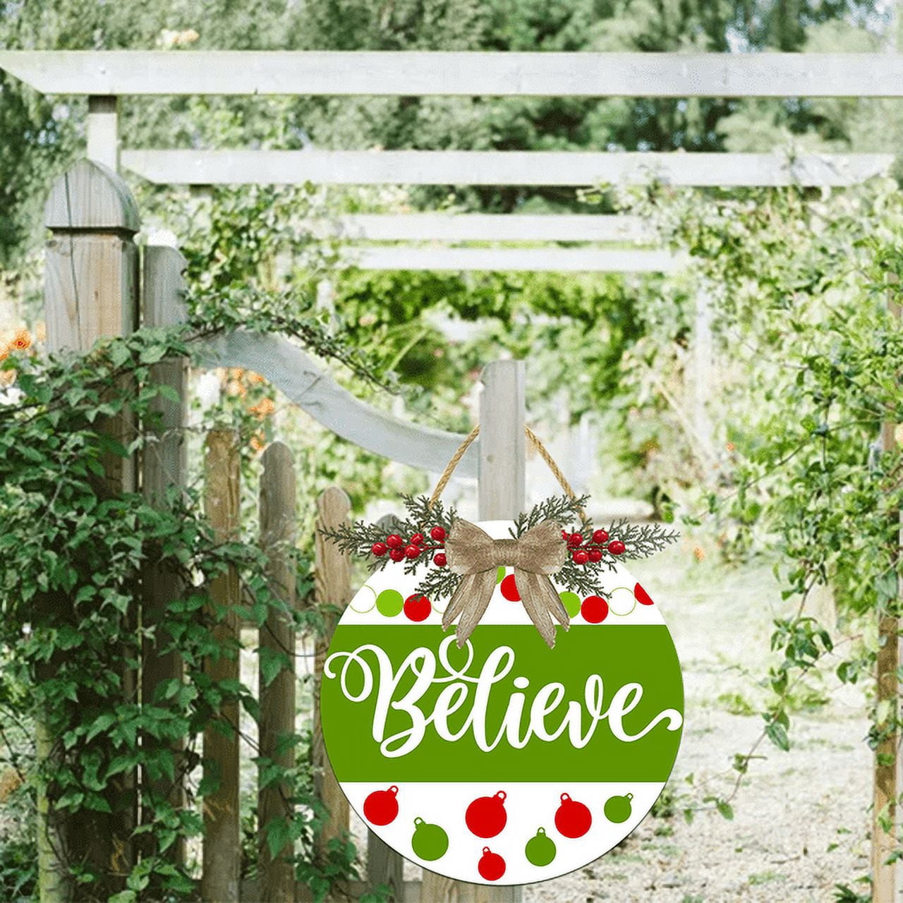 Eveokoki Believe Door Hanging Sign 12 inch Wooden Wall Sign, Rustic Holiday Wreath Decor for Front Door Porch Home Window Wall Farmhouse Decorations