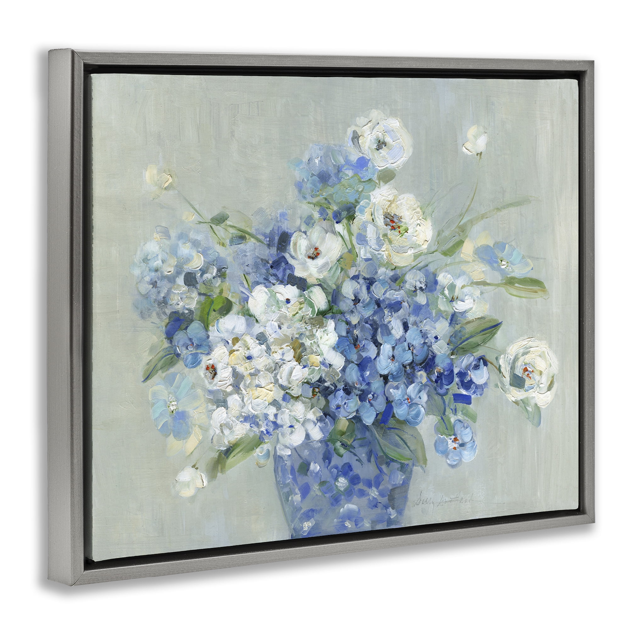 Stupell Industries Serene Blue And White Bouquet Gray Framed Floater Canvas Wall Art, design by Sally Swatland