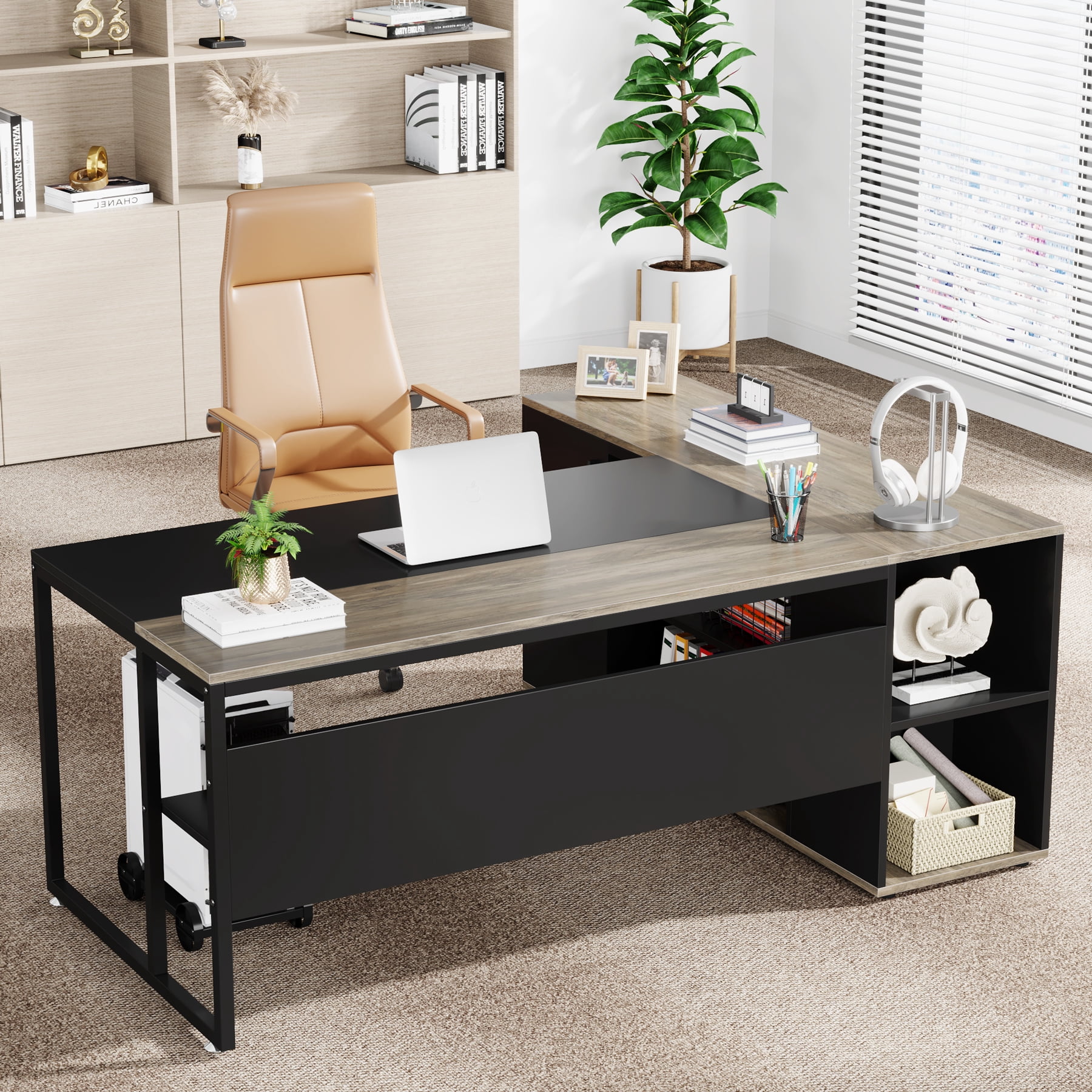 Tribesigns 71-Inch L-Shaped Executive Desk with Cabinet Storage & Shelves, Gray